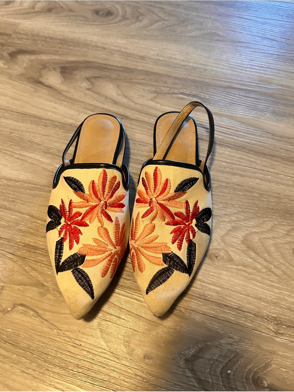 Cream Embroidered Slingback Flats with Orange Floral Accents